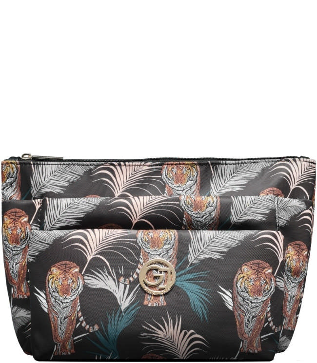 Gillian Jones 3-Rums Kosmetiktaske - Sort Tigre og Palme Print